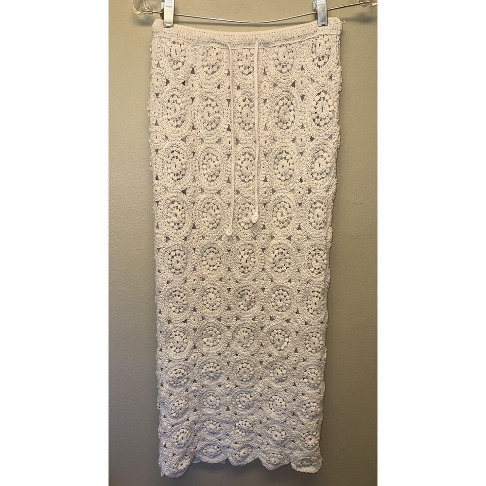 Solitaire Maxi Skirt Crochet Lace Beige Lined Small Pull On Cottage Core Grandma